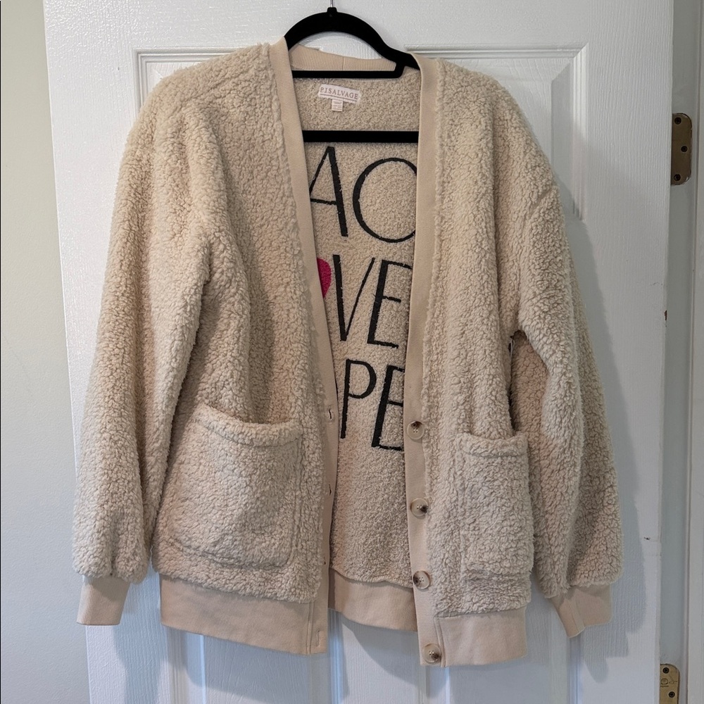 P.J. Salvage Cream Sherpa Cardigan with Graphic Interior